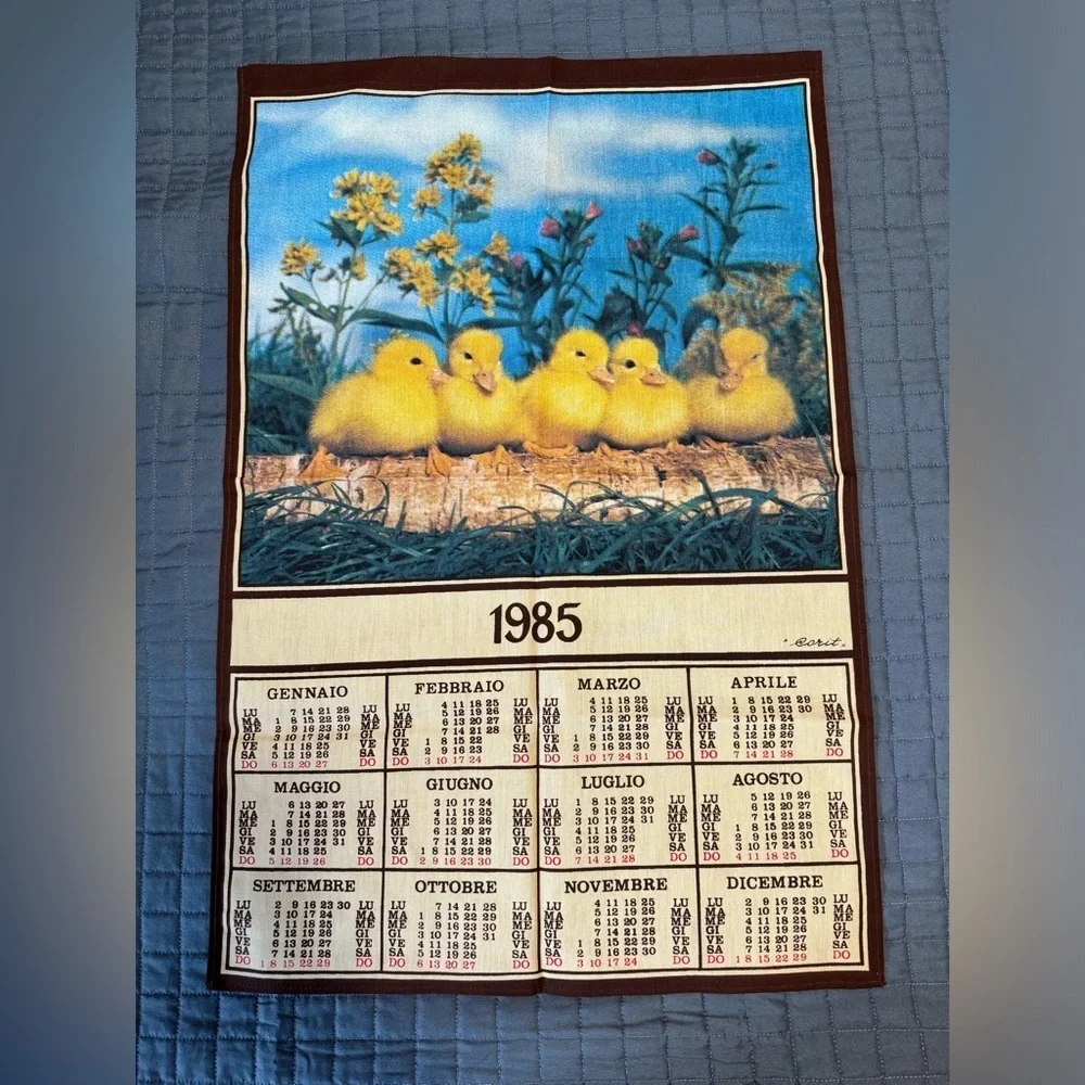 Vintage 1980 Calendar  Folk Art Cloth Wall Calendar Beige Baby Ducklings